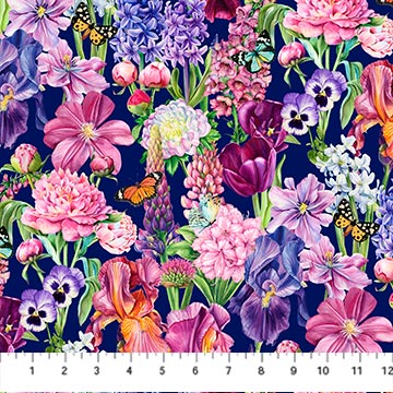 Deborahs Garden Collection Flowers and Butterflies Cotton Fabric DP25590 navy