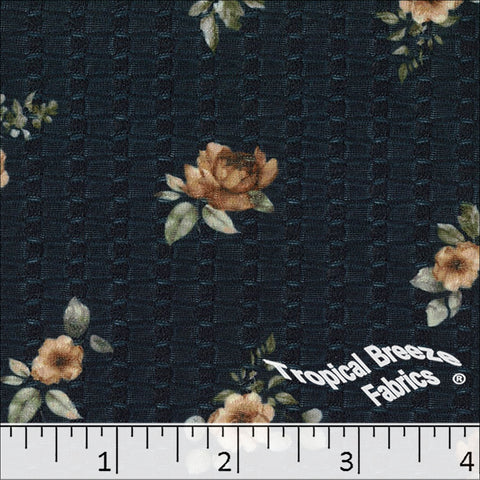 navy, Seersucker Knit Floral Print Fabric 572626