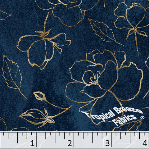 Standard Weave Gold Sketched Floral Print Dress Fabric 6162 navy