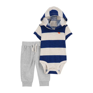 Baby Boys' 2-Piece Short-Sleeve Striped Hooded Bodysuit Pant Set 1Q429610