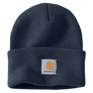 Navy Carhartt beanie with Carhartt label stitched on front.