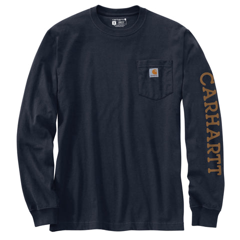 Front of of Carhartt men's Irvine Relaxed Fit Duck Badge Graphic long-sleeve tee shirt in navy