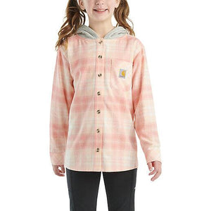 Peach, Girls' Long-Sleeve Flannel Button-Front Hooded Shirt CE9154