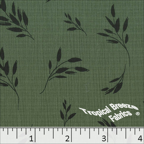 pine green, Linen Crepe Leaf Print Polyester Fabric 048625