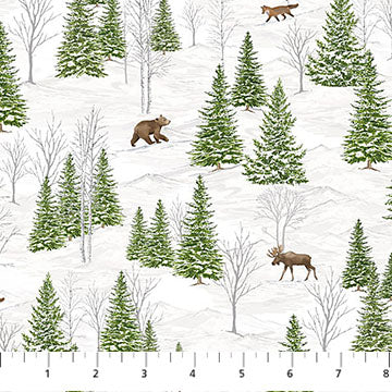 pine trees and animals, Winter Woodland Cotton Fabric Collection 288