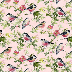 Among the Branches Collection Birds All Over Cotton Fabric pink