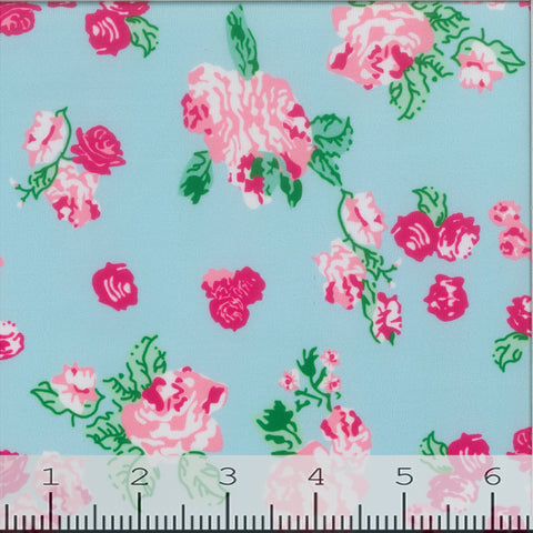 pink roses on blue, Nylon Spandex Swimsuit Fabric GS1