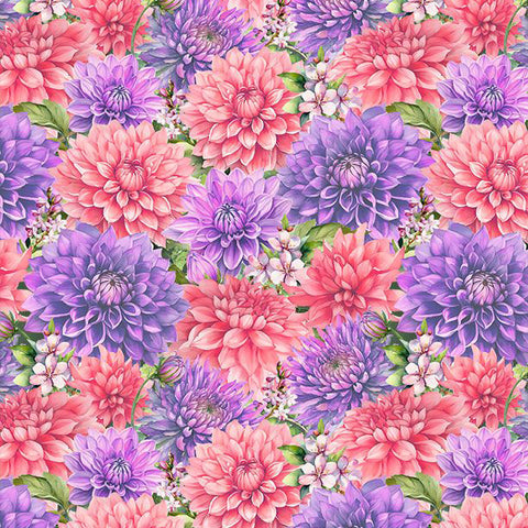 purple, Dahlia Botanica Collection Packed Floral Cotton Fabric 33924