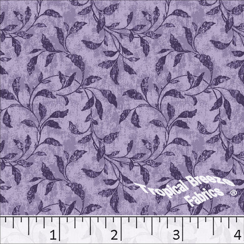 Linen Weave Leafy Vines Print Poly Cotton Fabric 6107 purpleplum