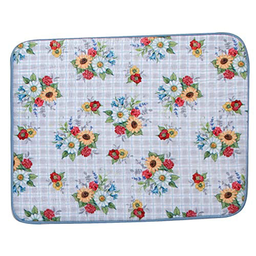Baby Blue and Grey Floral Print Kitchen Dish Drying Mat