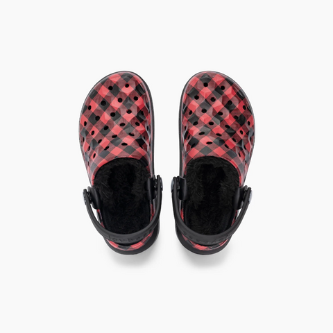 Joybees Kids Varsity Lined Clog in red buffalo plaid