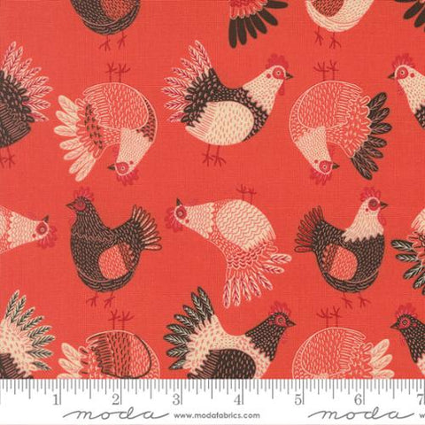 red,The Henhouse Collection Tossed Chickens Cotton Fabric 48433
