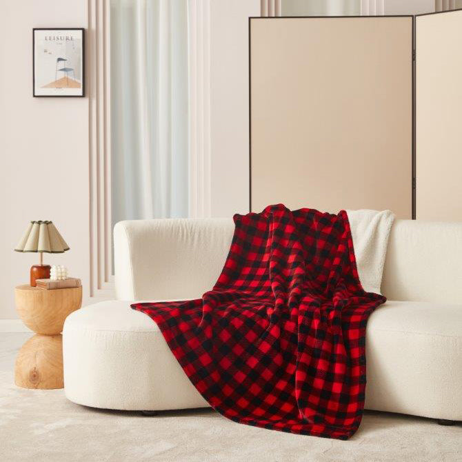 Red and Black Plaid Footed Flannel Throw DFF23247