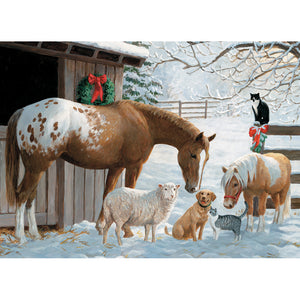animals in front of barn