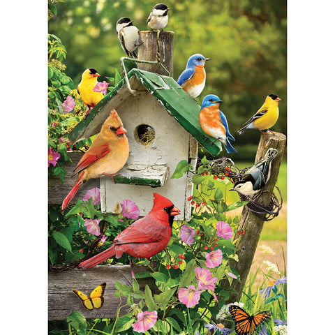 birds perch near a tree house