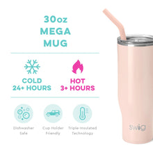 30 oz Mega Mug: cold 24+ hours, hot 3+ hours, dishwasher safe, cup holder friendly, triple-insulated technology