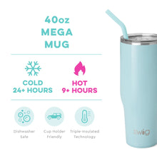 40 oz Mega Mug: cold 24+ hours, hot 9+ hours, dishwasher safe, cup holder friendly, triple-insulated technology