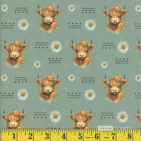 sage, Highland Cow Heart Swiss Dot Fabric 1407