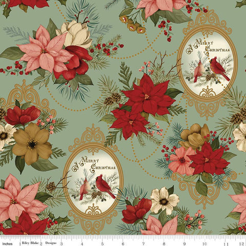 sage, Christmas Greeting Collection Large Floral Print Cotton Fabric C17660