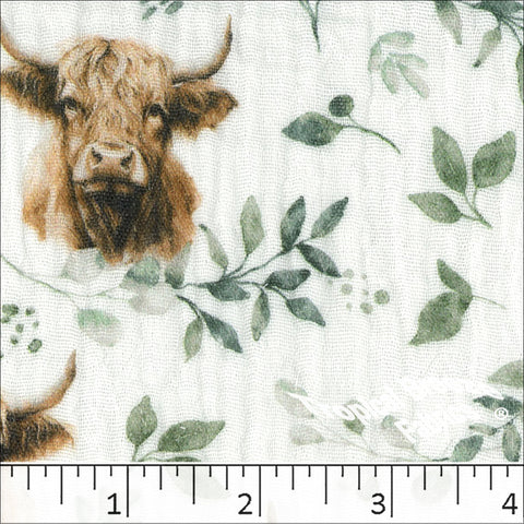 sage, Cotton Crinkle Highland Cow Print Fabric 102611