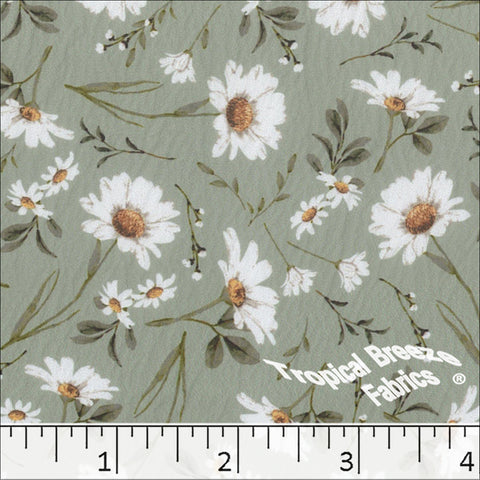 sage, Crinkle Creme Daisy Print Polyester Fabric 042612