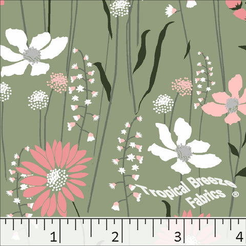 sage, Standard Weave Wildflower Print Poly Cotton Fabric 6298