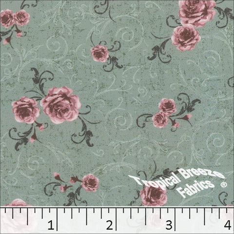 sage green, 100% Polyester Peach Cream Print Fabric 048523