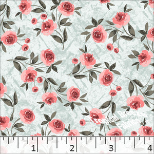 Standard Weave Rose Print Poly Cotton Fabric 6154 seafoam