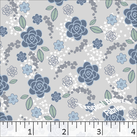 Blossoms Print Poly Cotton Dress Fabric Silver