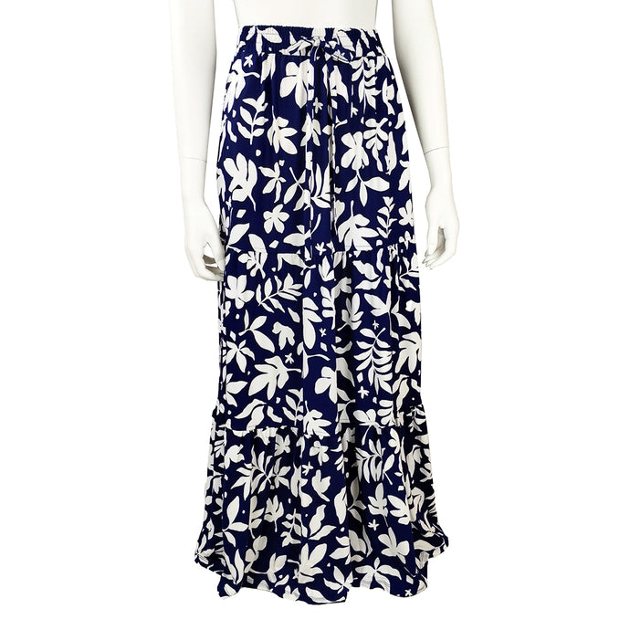 Navy & White Leaf Print Tiered Maxi Skirt SK4059