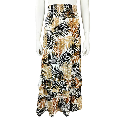 Black/Khaki Palm Leaf Print Smocked Maxi Skirt with Ruffles SK4084-3396