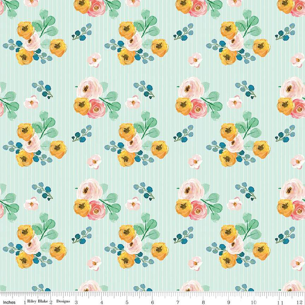 Spring Gardens Collection Bouquets Cotton Fabric C14111 sky