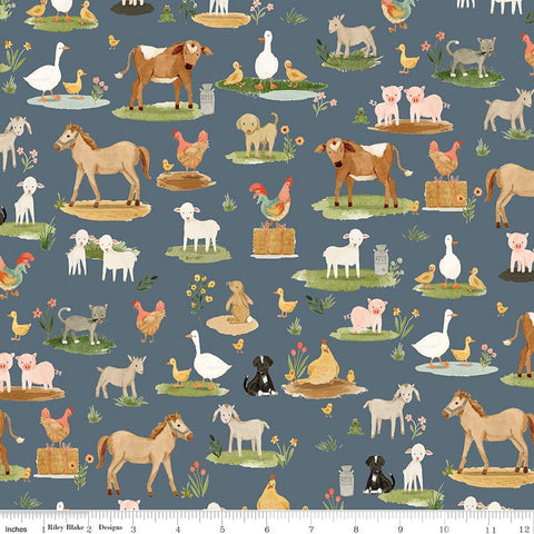 slate blue, Lil Farm Friends Collection Animals on the Farm Cotton Fabric C17941