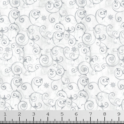 snoww valley swirls fabric wih silver swirls on a white background