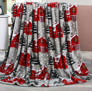 Plush Snowy Barn Christmas throw blanket