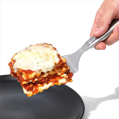 Stainless Steel Lasagna Server 3121200 displayed with lasagna on it