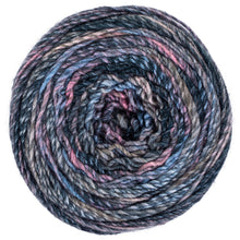 Tabloid gray, blue, and pink yarn