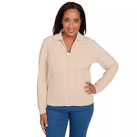 tan, Women's Petite Zip-Front Chenille Cardigan 03969