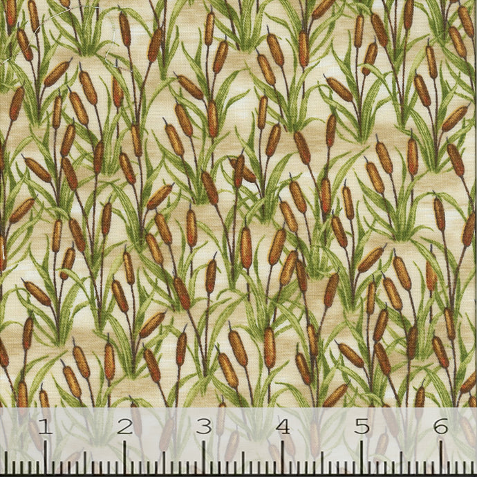 Down by the Lake Collection Packed Cattails Cotton Fabric tan