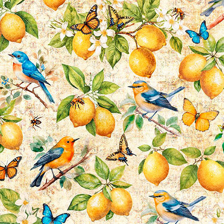 tan, Citrus Bliss Collection Lemons and Birds Cotton Fabric 31712