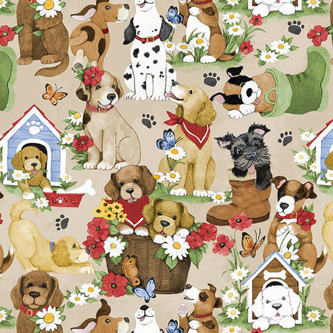 tan, Paws at Play Collection Packed Puppies Cotton Fabric 39918