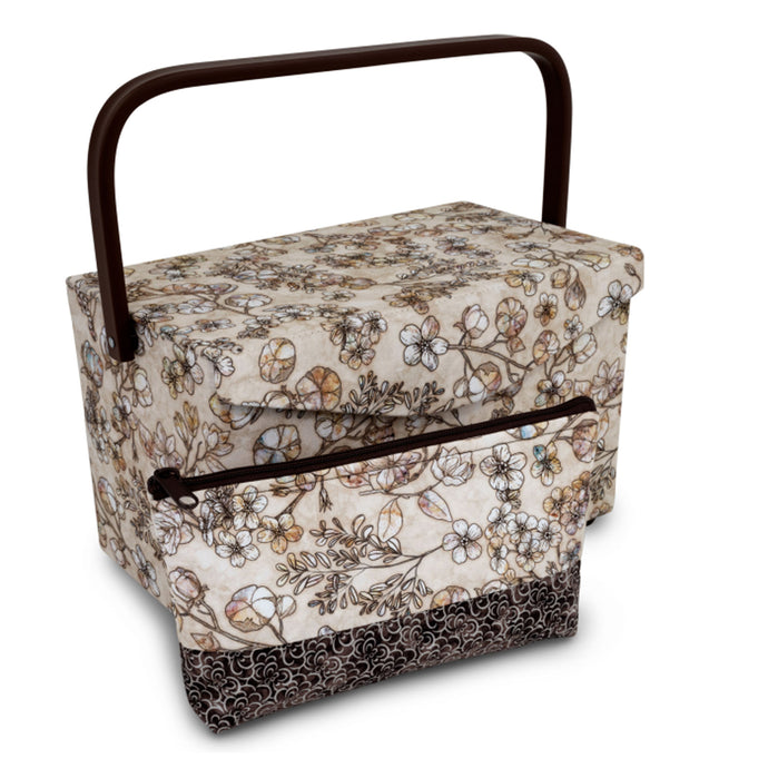 Tan floral print sewing basket