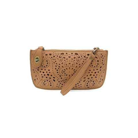 Joy Susan Lazer Cut Eyelet mini wristlet crossbody clutch in tan