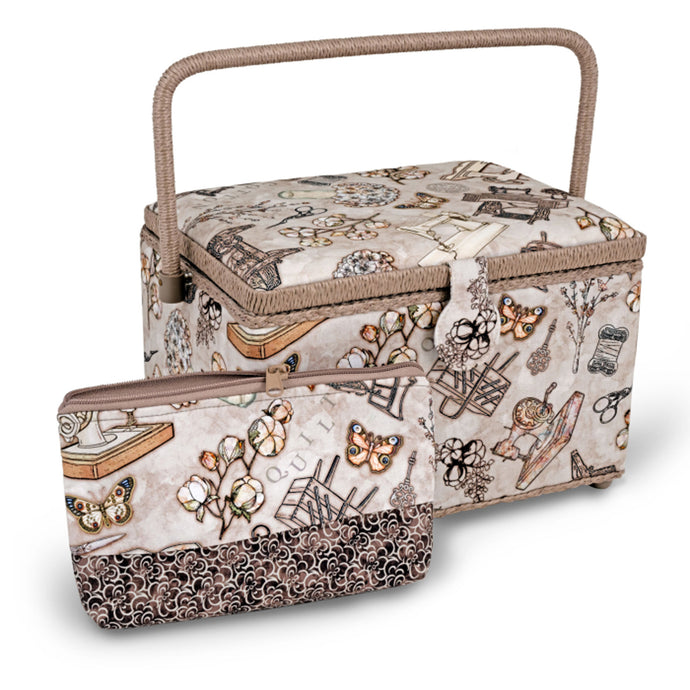 Taupe print sewing basket