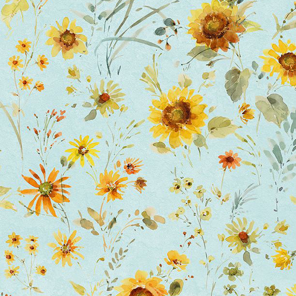 Sunflower Sweet Collection Flowers All Over Cotton Fabric teal