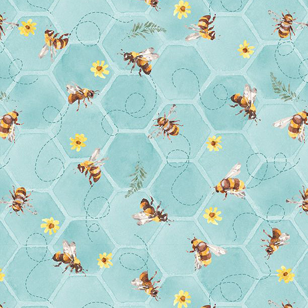 Sunflower Sweet Collection Bee Toss Cotton Fabric teal