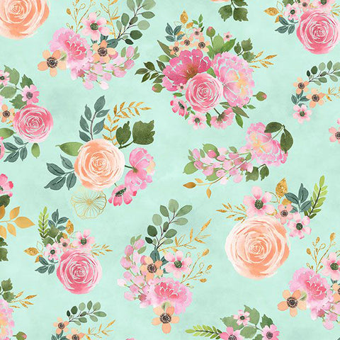 teal, Peony Blossoms Collection Bouquet Toss Cotton Fabric 34712