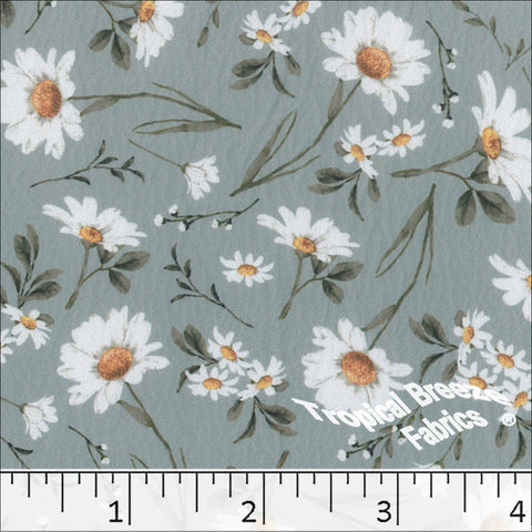 teal, Crinkle Creme Daisy Print Polyester Fabric 042612