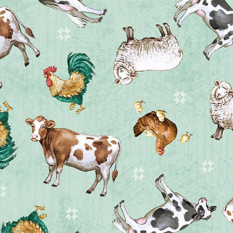 teal, Friendly Farmstead Collection Animal Toss Cotton Fabric 96491