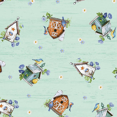 teal, Friendly Farmstead Collection Birdhouses Cotton Fabric 96493